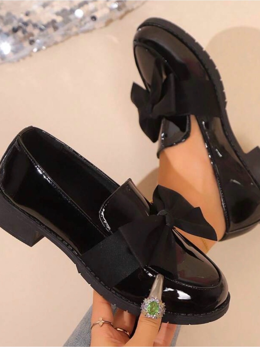 SHEIN Black Patent Bow Loafers for Women